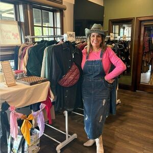 Denim Overall Dress with Pink Long Sleeve Top